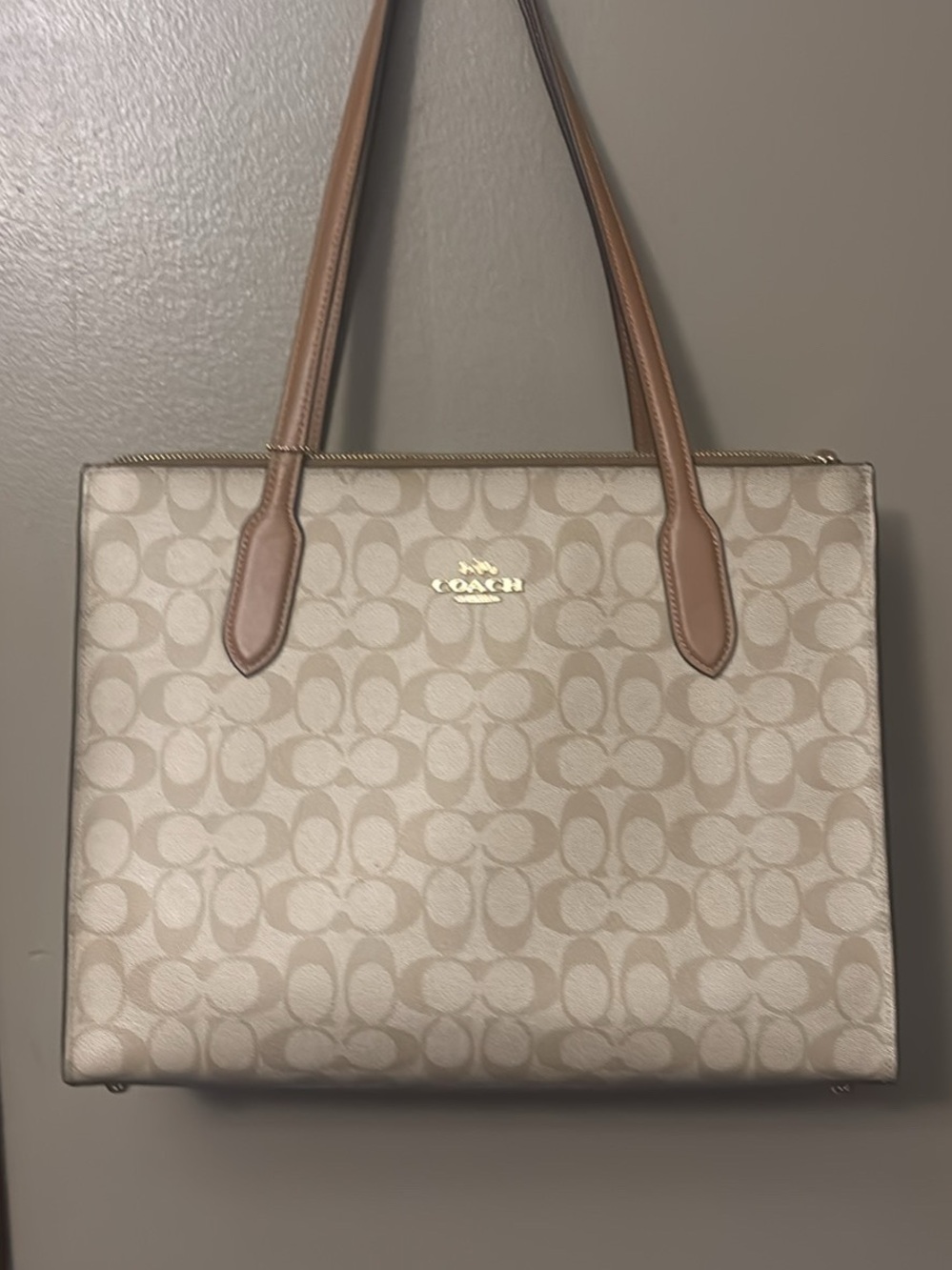 Coach Beige Signature Canvas Tote with Taupe Leather Handles